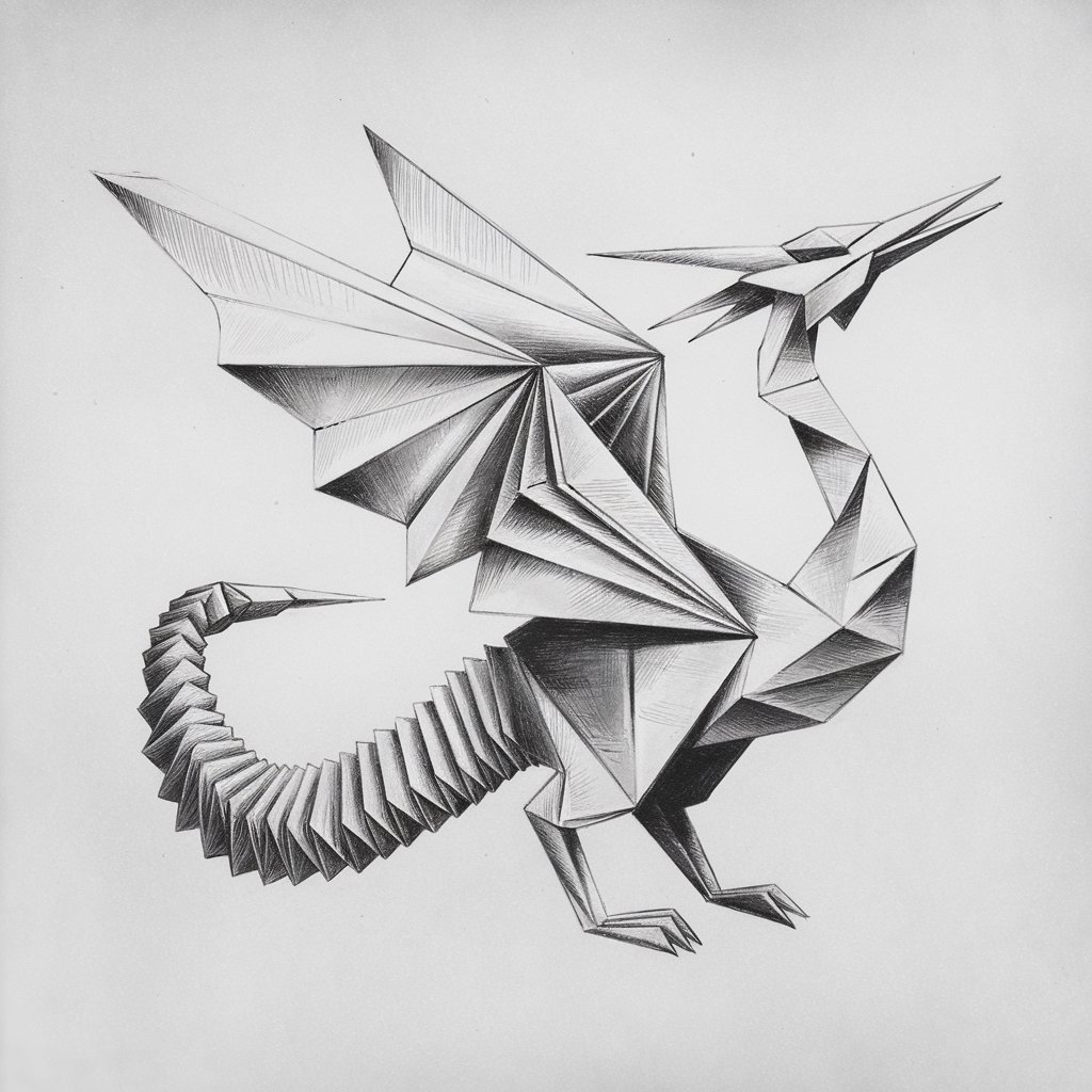 A pencil drawing of a paper crane folded into the shape of a dragon. The dragon has a minimalist design with sharp, geometric lines and angular limbs. The wings are formed by crisp, triangular flaps, and the tail is spiraled into a tight, accordion fold. The head of the dragon tilts upward in a proud pose. The background is plain white.
