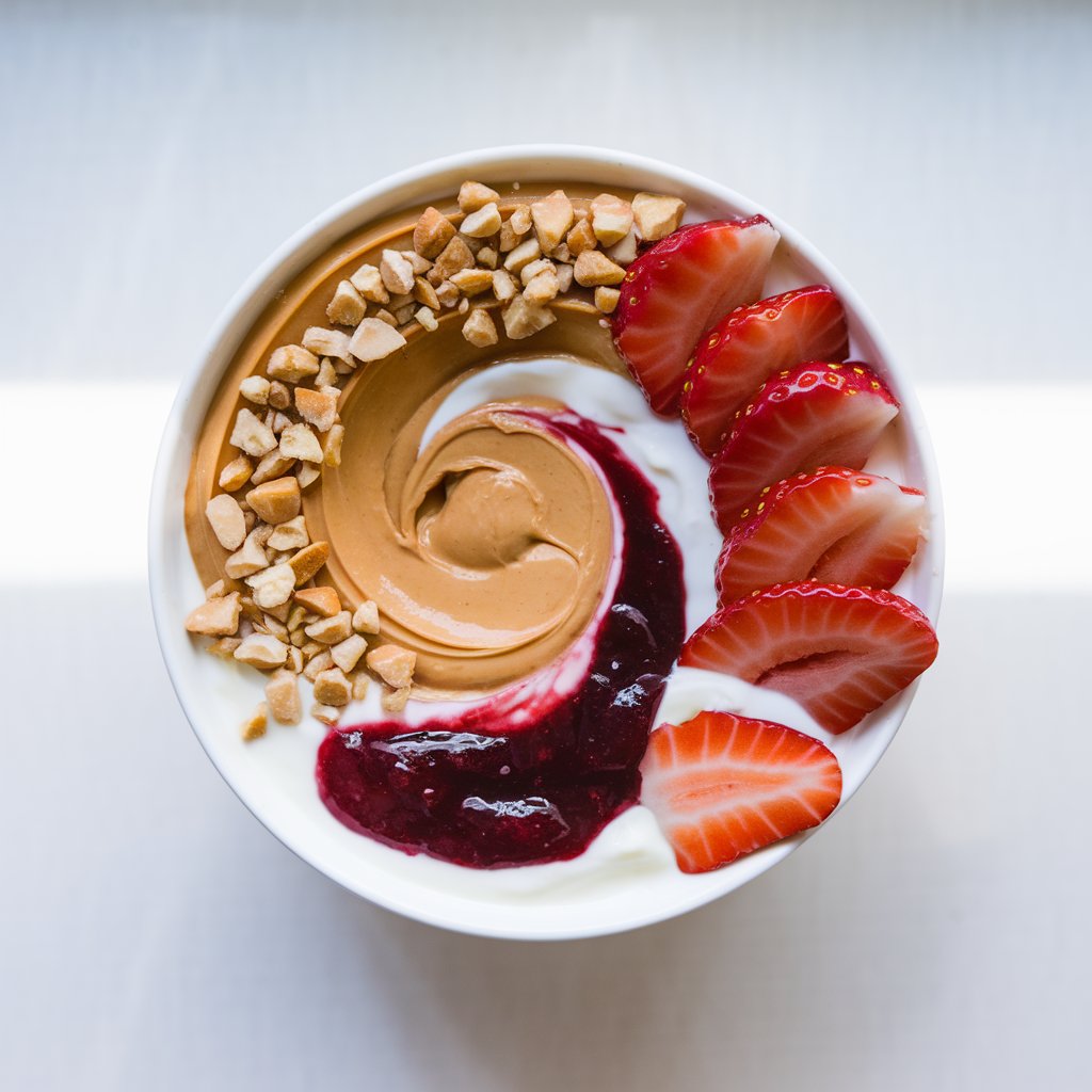 A photo of a yogurt bowl with a smooth swirl of peanut butter and ruby-red strawberry jam marbled into a bowl of thick plain yogurt. Sliced fresh strawberries and crushed roasted peanuts are artfully arranged in a crescent along one side. The texture of the peanut butter is creamy and glossy, while the jam appears sticky and vibrant. This yogurt bowl is placed on a bright plain white kitchen countertop under soft natural light, enhancing the contrast between the beige peanut butter and the deep red jam.
