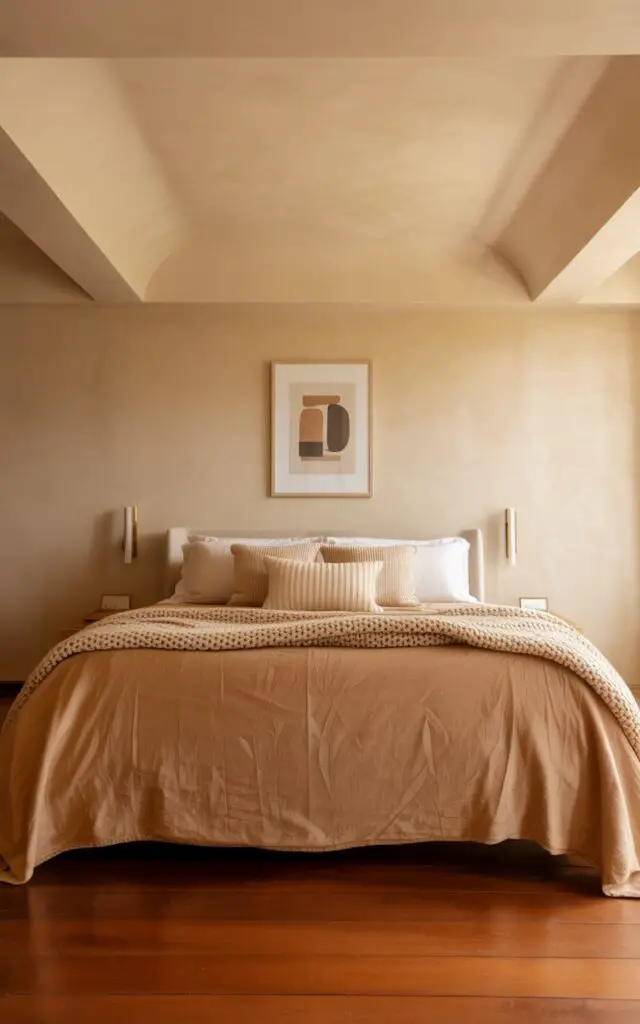 A photograph of a luxuriously made bed as the central focus in a serene beige bedroom. The bed is dressed in soft, flowing camel-colored linen sheets and cream-colored pillows, accented by a chunky knit throw blanket, inviting relaxation. Above the bed, a painted beige ceiling creates an architectural accent, its gentle texture contrasting with the smooth walls adorned with a single framed print of abstract geometric shapes in muted tones. Warm, ambient lighting from modern sconces illuminates the room, casting soft shadows on the rich, honey-toned wood floors.