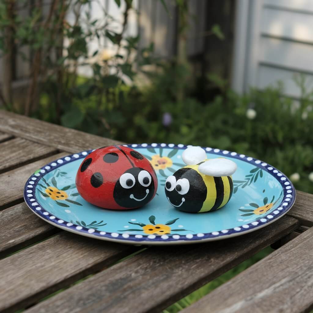 A photo of a plate with two painted ladybug rocks and a rock painted as a bee, all with googly eyes. The plate is placed on a wooden table outside, in a garden setting. The background contains greenery and a white building.
