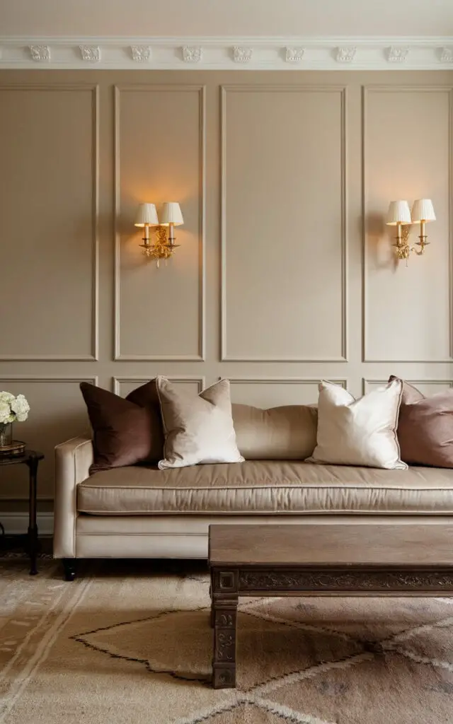 A photo of a classic beige living room with elegant wall paneling painted in a soft putty-beige tone. The architectural detailing adds visual depth without overwhelming the space. A cozy sofa in a matching neutral hue sits against the paneling, styled with structured velvet cushions in shades of ivory and mocha. Brass sconces are mounted between panels, casting a warm, ambient glow. A carved wooden coffee table sits on a low-pile Persian-style rug in faded beige and taupe. The room feels polished and timeless, where beige meets classic craftsmanship in the most tasteful way.