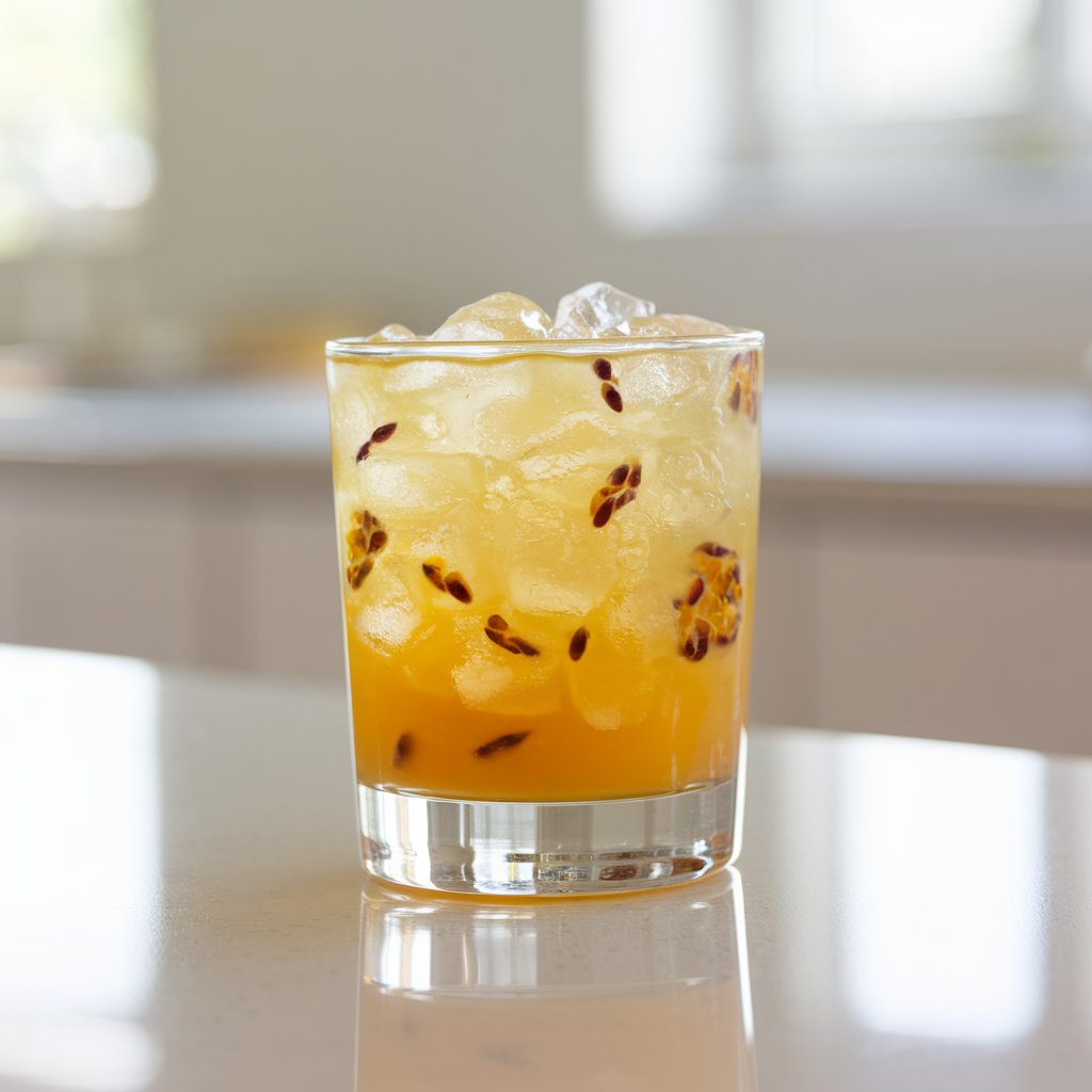 A photo of a short, sturdy rocks glass containing a golden-yellow summer cocktail. The cocktail is thick with crushed ice and has visible passion fruit seeds swirling through it. The glass is set on a bright plain white kitchen countertop. The background is bright and has natural light, giving the drink a sunlit glow.