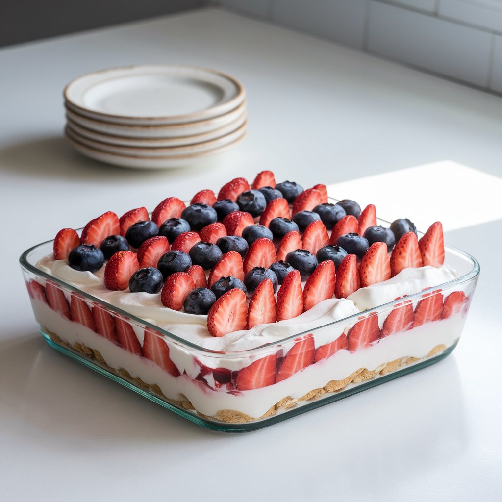 A photo of a Memorial Day dessert on a bright plain white kitchen countertop. The dessert is in a glass rectangular baking dish and is made of slim graham crackers, whipped cream, and mixed calyx-free berries. The top layer is smoothed perfectly with whipped cream and decorated with rows of sliced calyx-free strawberries and whole blueberries in a clean, striped pattern. There is a stack of small white ceramic cake plates in the background. The photo is lit with soft, even natural light that enhances the smooth, creamy texture and the shine of the berries.