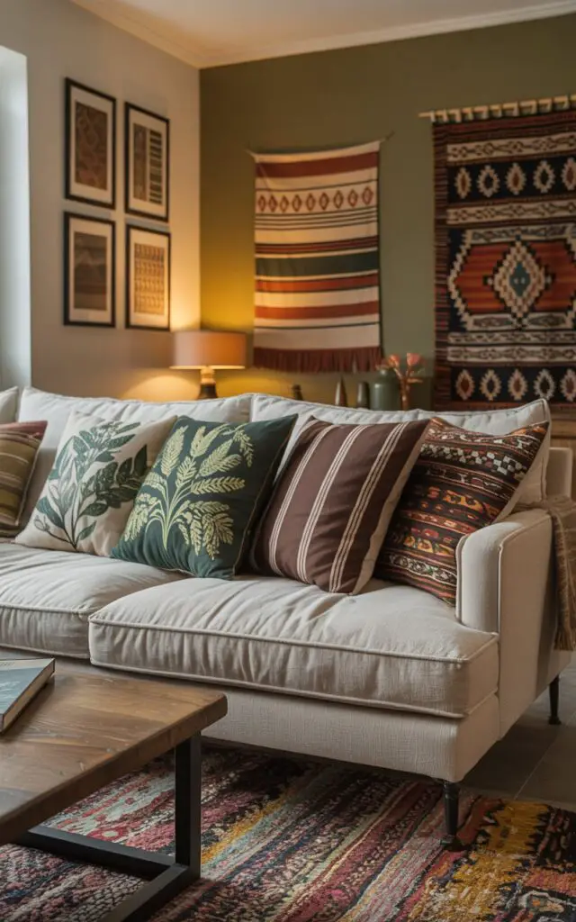 A photograph of a cozy living room featuring a plush, neutral-colored linen sofa as the central element. The sofa is adorned with an array of throw pillows displaying intricate green botanicals, chocolate stripes, and earthy geometric patterns. Behind the sofa, an olive-green accent wall showcases a curated gallery of framed textiles, while a bold Moroccan-inspired area rug anchors the space. Warm, diffused light streams through a nearby window, highlighting the textures of the teak coffee table and creating a welcoming, layered ambiance.