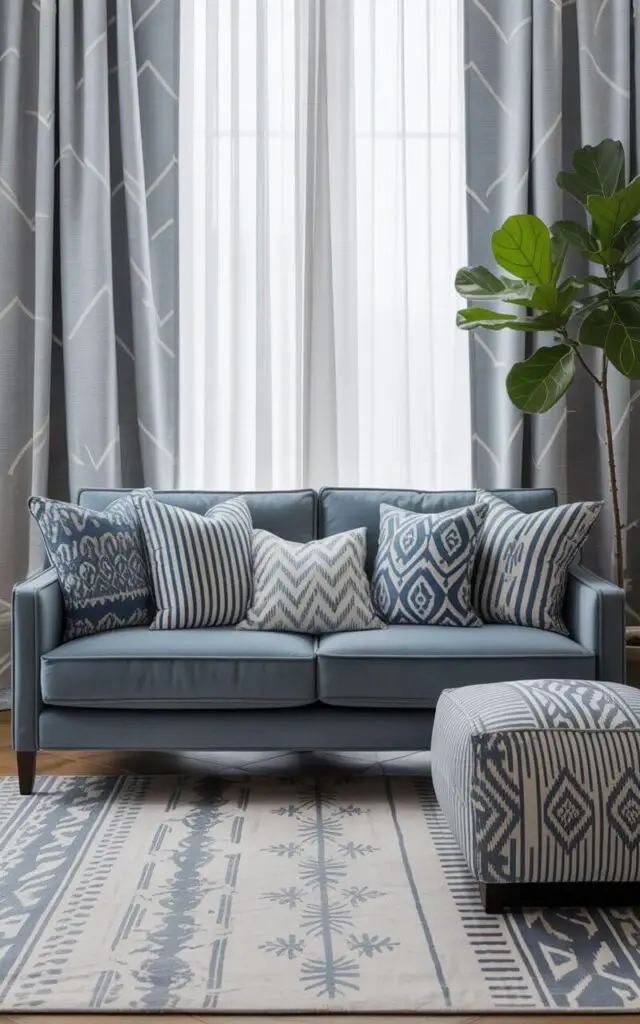 A photograph of a cozy slate grey sofa nestled within a vibrant blue and grey living room. The sofa is adorned with an array of throw pillows displaying intricate blue and grey ikat, herringbone, and geometric patterns, while a matching upholstered ottoman sits comfortably in front. A tribal-inspired area rug with greys and pale blues anchors the space, complemented by long, flowy curtains in a subtle grey chevron print framing a large window that illuminates the room with soft, natural light. A single potted fiddle-leaf fig tree stands elegantly in a corner, adding a touch of life and completing the layered and eclectic design.