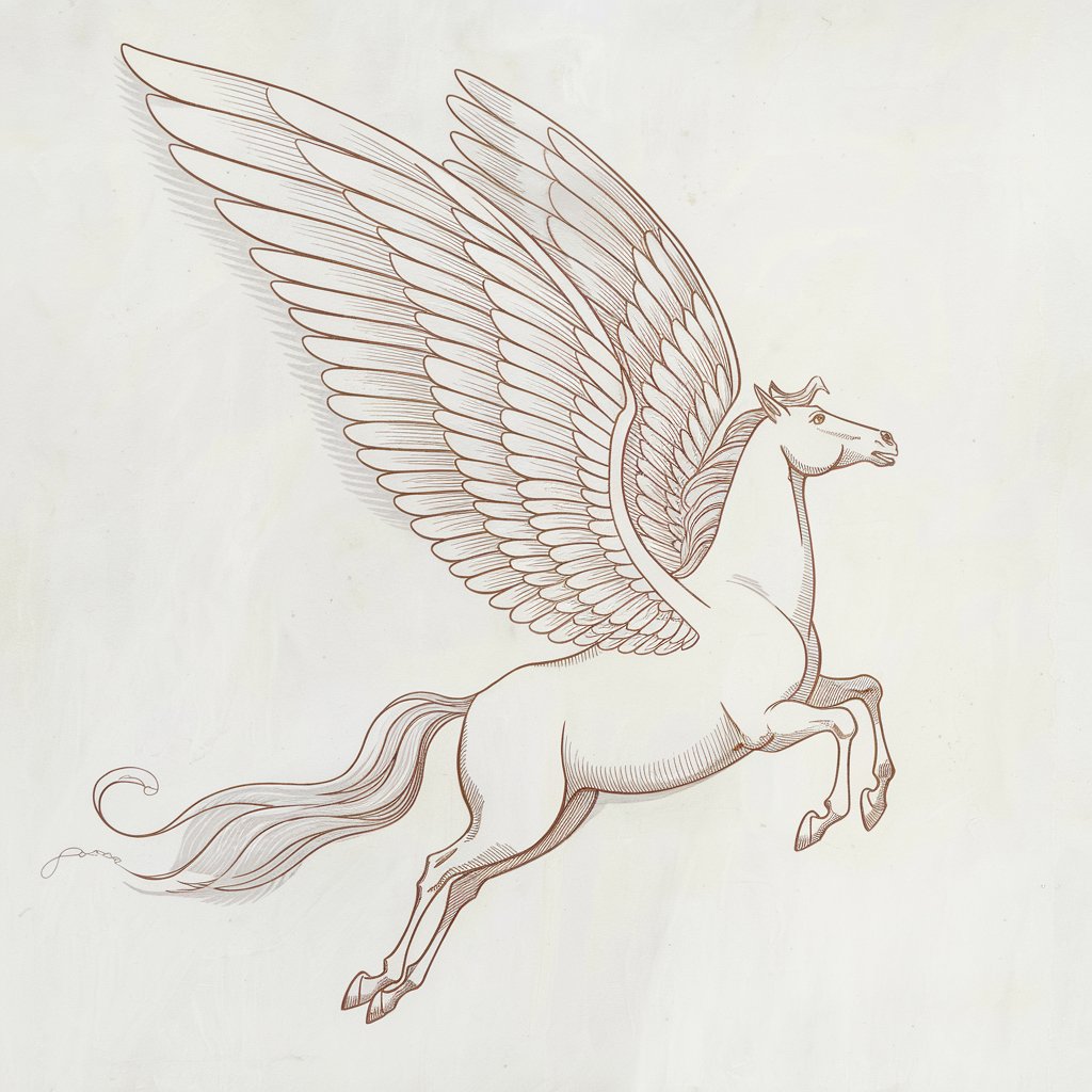 A minimalist, plain white background pencil drawing illustration of a winged Pegasus horse in mid-flight, drawn in a simplistic style that merges fantasy with elegance. The wings stretch outward and upward in grand arcs, each feather indicated with fine, repetitive strokes that gradually lighten toward the tips. The horse's body is slender and lifted, legs tucked underneath as it soars. Its head tilts slightly skyward, eyes calm and serene. A softly flowing mane and tail trail behind, both rendered with gentle curvature and minimal shading. The entire mythical form appears weightless against the untouched plain white background.