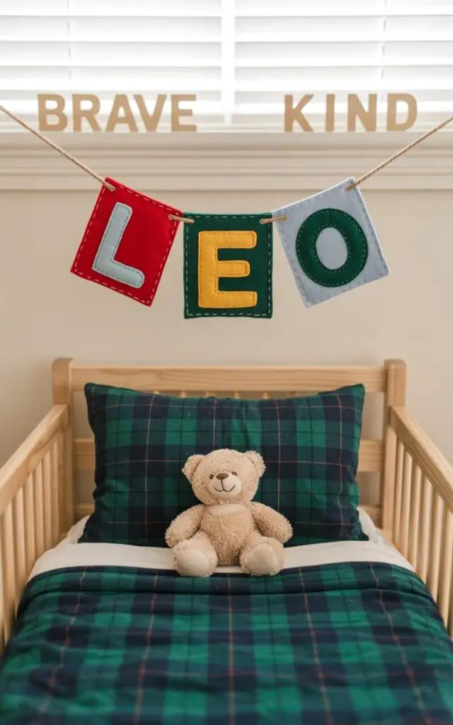 A photograph of a cozy toddler boy's bedroom centered around a small toddler bed. A custom felt banner reading "Leo" hangs above the bed, suspended from a wooden dowel, with primary colors and playful stitching. The bed is dressed in soft flannel bedding featuring a classic blue and green plaid pattern, and a plush teddy bear rests peacefully on the pillow. The room features wooden block letters spelling out "brave" and "kind" placed artfully on a shelf, bathed in soft, natural light filtering through a window.
