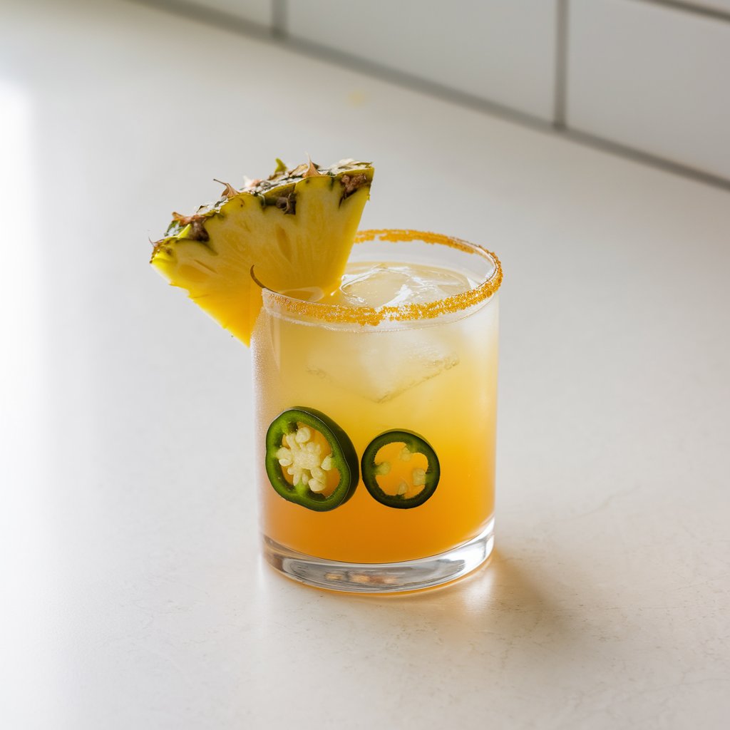 A photo of a golden-yellow summer cocktail with jalapeno slices and a pineapple wedge. The cocktail is served in a short, wide tumbler with a thick, Tajin-rimmed edge. The drink is placed on a bright plain white kitchen countertop, bathed in crisp natural light.