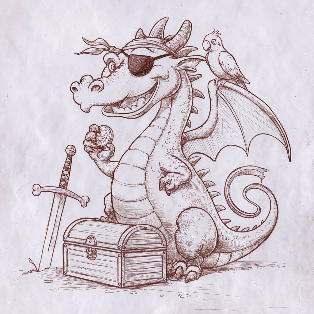 A pencil drawing illustration of a dragon with an eye patch, a bandana, and a wide grin. The dragon is wearing an eye patch, a bandana, and a wide grin. The dragon is perched atop a small treasure chest and is holding a coin in its claw. The dragon's wing tips are slightly curled, mimicking sails. A parrot is sketched with a few simple lines and is resting on the dragon's shoulder. The dragon's tail is looped around a sword stuck in the ground. The entire scene is drawn with clear outlines and gentle shading, giving it an adventurous charm.