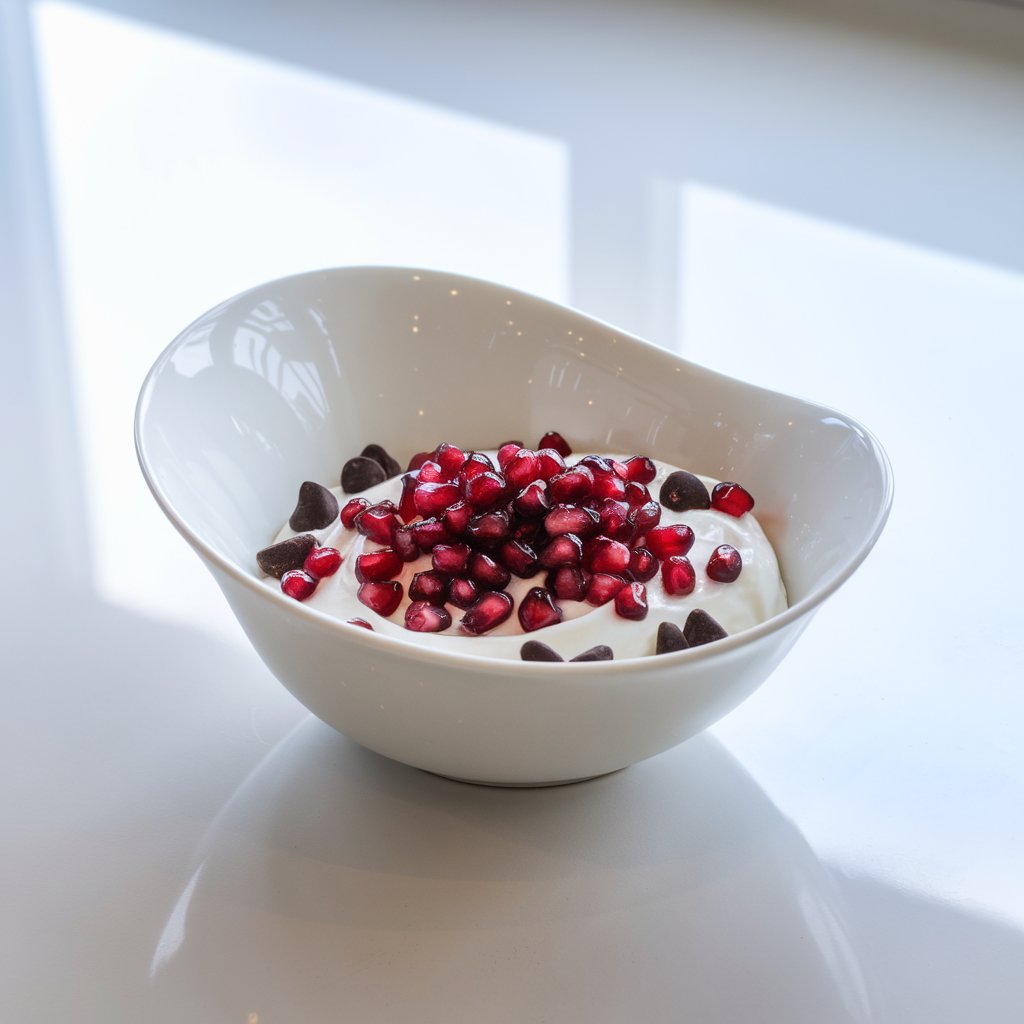 A photo of a sleek white porcelain dish containing a yogurt bowl. The bowl is filled with yogurt and topped with pomegranate seeds and dark chocolate chips. The dish is placed on a bright plain white kitchen countertop. There are reflections on the glossy pomegranate seeds, and the contrast of red against the creamy yogurt is accentuated by the natural light.