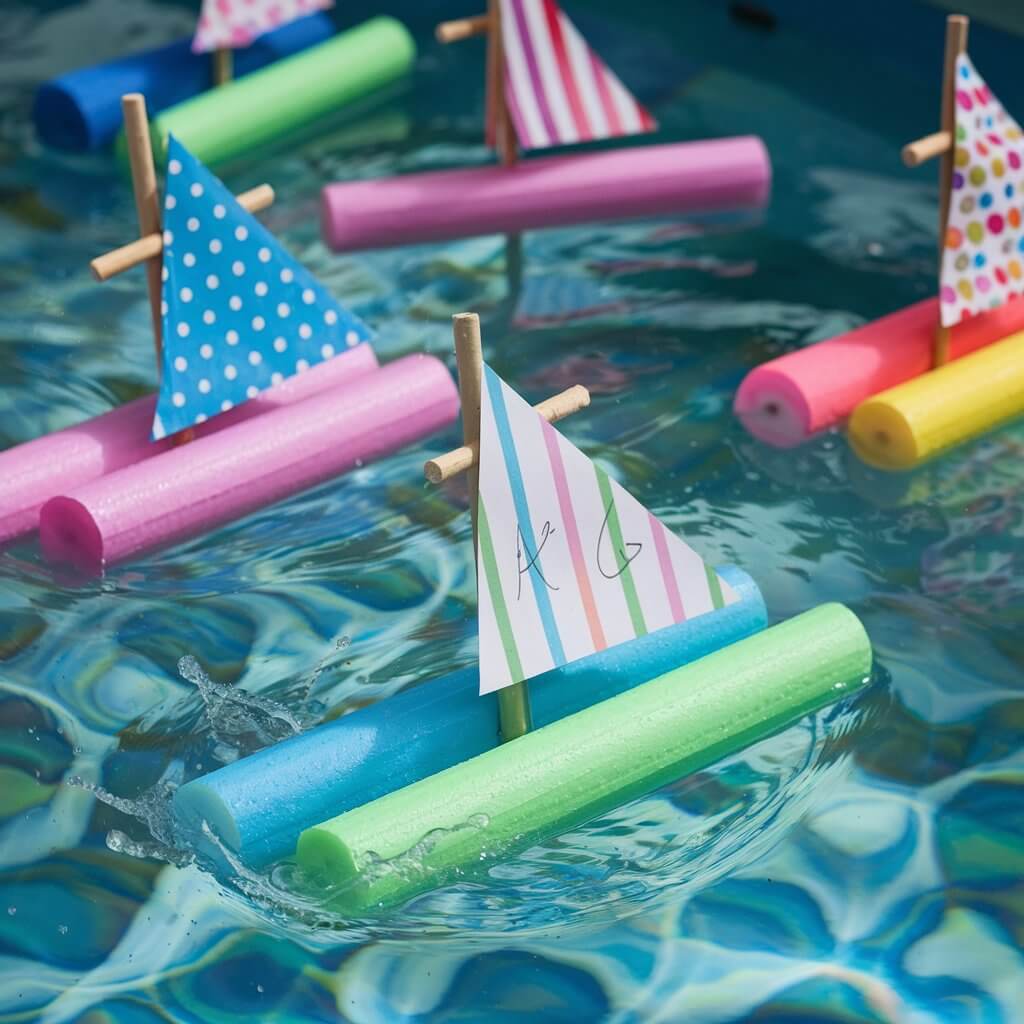 A photo of a simple homemade craft for kids, featuring DIY pool noodle boats floating in a kiddie pool. The boats are made from colorful pool noodles, each fitted with a popsicle stick mast and a triangle paper sail in patterns like polka dots, stripes, and stars. Some sails are personalized with names or doodles. The boats gently bob in the water, and splashes around them hint at recent play. The vivid blues and greens of the pool contrast beautifully with the bright foam boats.