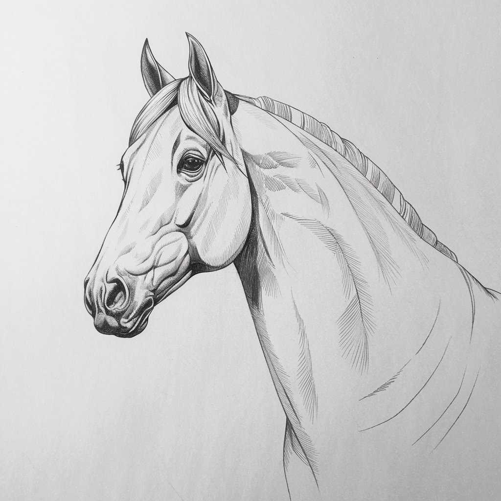 A pencil drawing of a horse's noble head and neck on a plain white background. The horse has its ears perked up, alert and symmetrical. Its eyes are soft but steady, with a single darkened pupil surrounded by gentle strokes. The contours of the cheeks and muzzle are defined with delicate hatching. The mane falls in smooth, downward strands with faintly visible layers. The neck is extended slightly forward, showcasing poise and dignity. The image is outlined with clear, confident lines.