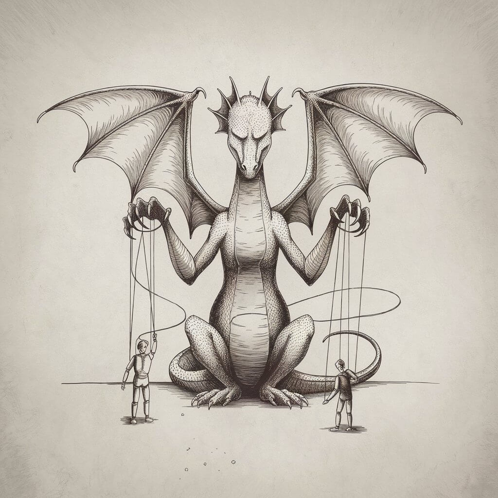 A minimalist, plain white background realistic pencil drawing illustration of an eerie dragon manipulating marionette strings with delicate claws. The dragon is drawn in a creative style, seated calmly with outstretched wings forming a theatrical backdrop. Thin lines extend from its claws to tiny, crudely sketched human puppets below. One puppet raises a hand, the other bows. The dragon's eyes are closed in concentration, and the strings curve softly to suggest motion. A dramatic yet quiet image composed of elegant linework and restraint.