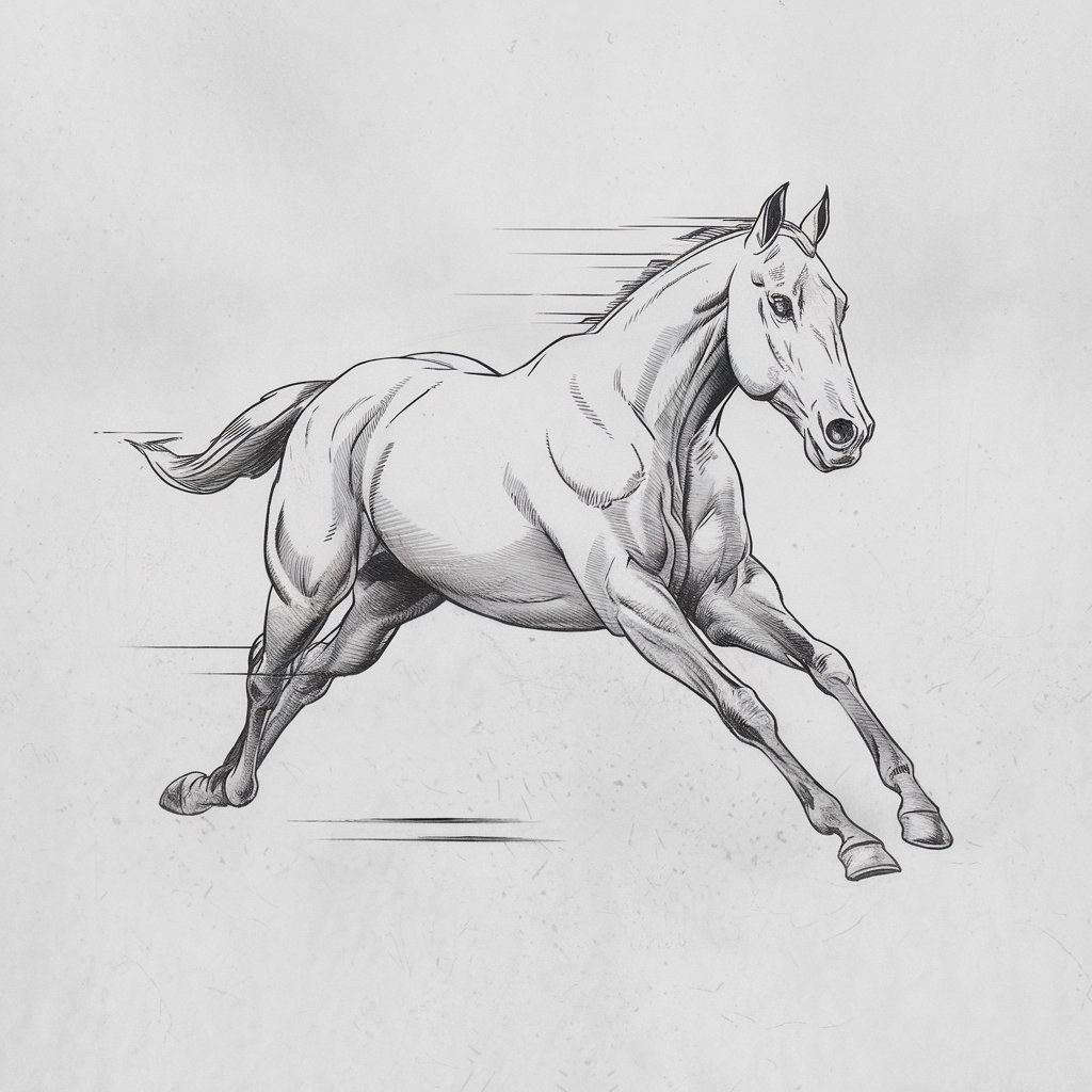 A minimalist, plain white background pencil drawing illustration of a racehorse captured in high-speed motion. The horse's body is stretched horizontally, with legs extended fully front and back. Defined but minimal contour lines trace the powerful haunches and shoulders. Its eyes and nostrils are slightly flared, hinting at the intensity of the moment. The short mane is slicked back with just a few swift pencil marks. No rider is included, allowing full focus on the athleticism of the horse against the stark, plain white background.