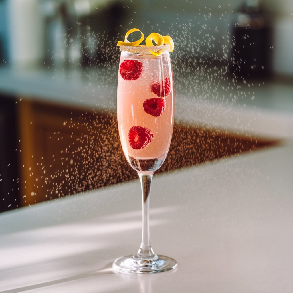 A photo of a flute glass filled with a pastel-pink, bubbly summer cocktail. The cocktail contains raspberries and lemon zest curls. The glass rim is sugared. The drink is placed on a white kitchen countertop. The countertop is illuminated by natural light, causing the bubbles to shimmer.