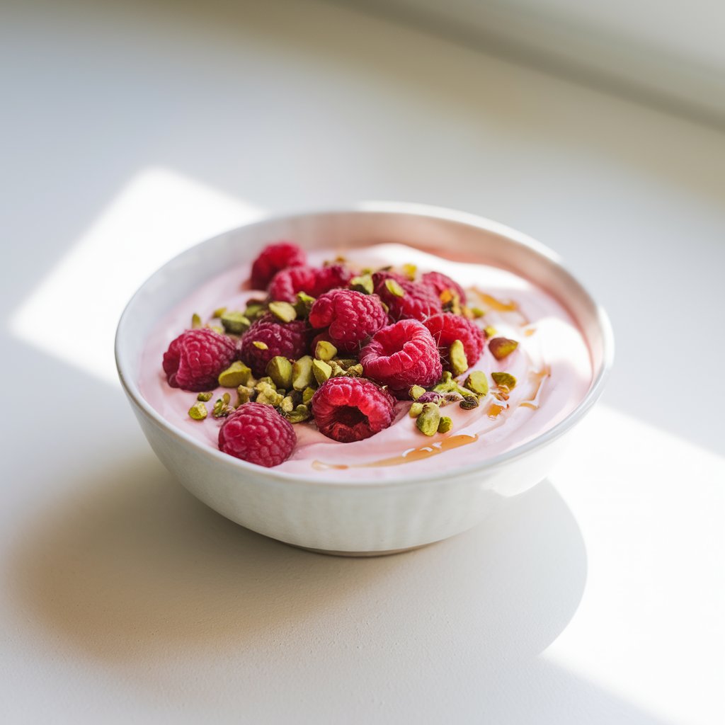 A photo of a yogurt bowl in a minimalist white porcelain bowl. The yogurt is pale pink and rose-infused, topped with fresh raspberries, a drizzle of honey, and a sprinkle of crushed pistachios. The raspberries are plump and deep red, gently sinking into the creamy yogurt base. The yogurt bowl is placed on a bright plain white kitchen countertop, kissed by soft natural light that enhances the romantic contrast of pinks and greens.