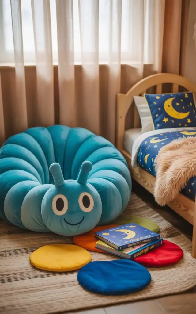 A photograph of a cozy reading nook nestled within a charming toddler boy's bedroom. A large, plush beanbag shaped like a friendly blue caterpillar sits invitingly, surrounded by a collection of colorful, soft rugs and a stack of vibrant picture books titled "Goodnight Moon" are neatly arranged beside it. Nearby, a toddler bed adorned with moon-and-stars-themed bedding and a fluffy cream-colored throw completes the serene atmosphere. Soft, diffused light filters through sheer curtains, casting a warm and gentle glow over the entire room.