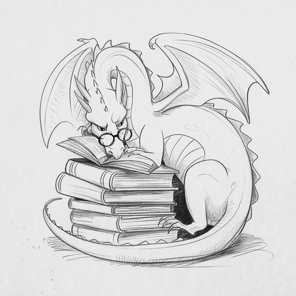 A minimalist, plain white background pencil drawing illustration of a dragon curled comfortably around a stack of books, deeply engrossed in reading. The dragon is drawn in expert style, with soft, looping lines forming a relaxed pose. Its eyes squint in concentration, and wearing a pair of round glasses. The books are sketched with subtle details—lines indicating spines and page edges—while the dragon's tail is lightly wrapped around the base. A cozy scene, brought to life with clean, expressive pencil strokes.