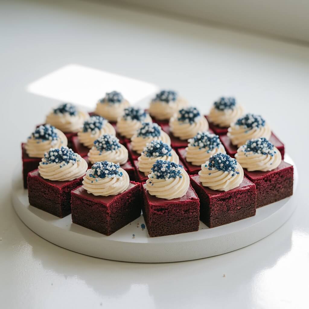 A cinematic medium shot of a rich, crimson-red velvet brownies. The brownies are cut into clean squares with a moist, fudgy center and crisp edges. Each brownie is topped with a swirl of cream cheese frosting and a scattering of blue and white sugar crystals for a patriotic finish. The Memorial Day dessert is neatly arranged on a matte white platter, placed on a bright plain white kitchen countertop. Natural light filters from above, enhancing the color contrast and casting a slight gloss over the frosting swirls.