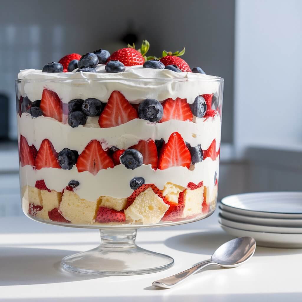 A photo of a large, clear glass trifle bowl filled with visible layers of cubed angel food cake, whipped cream, sliced strawberries, and fresh blueberries, stacked neatly to create red, white, and blue stripes. The whipped cream layer is slightly textured with soft peaks, and the fruit glistens with moisture. The Memorial Day dessert is placed on a bright plain white kitchen countertop, bathed in soft natural light coming from the left, casting subtle shadows and enhancing the vibrant colors. A silver serving spoon rests nearby, and a stack of white plates is casually placed on the surface next to the bowl.