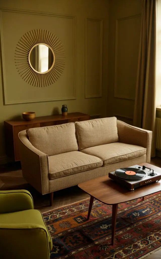 A photograph showcases a cozy living room bathed in soft, natural light, highlighting a light brown tweed sofa as its focal point. The sofa sits comfortably against olive-green walls adorned with a large sunburst mirror reflecting the room's warm ambiance. A walnut wood coffee table sits before the sofa, holding a vintage record player with a vinyl record, and a patterned rug anchors the space, completing the mid-century modern aesthetic. The avocado green armchairs and sideboard subtly complement the scene, contributing to the room's lived-in and nostalgic charm.