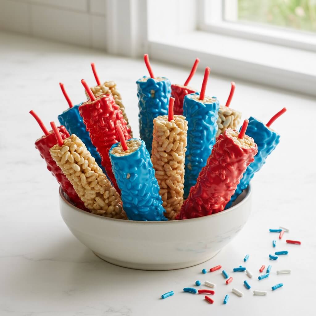 A photograph showcases a collection of cylindrical Rice Krispie treats arranged in a white ceramic bowl on a bright white kitchen countertop. The treats are stacked vertically, with one half dipped in vibrant red candy melts and the other in sky blue, each topped with a short red licorice "fuse" resembling a festive firecracker. Stray red and blue sprinkles are scattered around the base of the bowl, while natural light from a nearby window highlights the textures of the crispy cereal and glossy candy coating. The composition is simple and clean, creating a cheerful and celebratory Memorial Day dessert display.