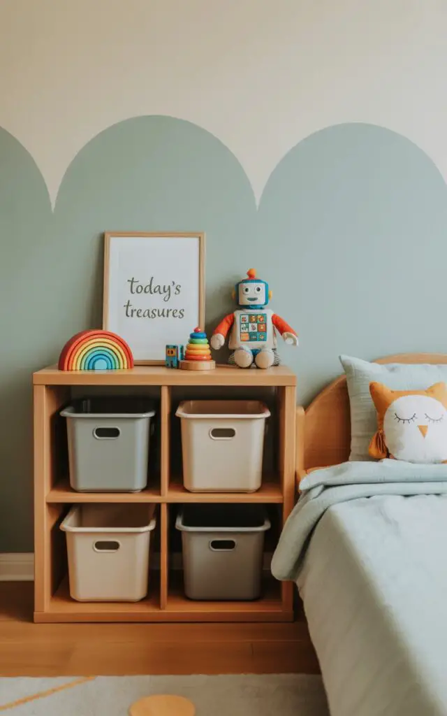 A photograph of a smartly organized toddler boy's bedroom centered around a rotating toy zone. A single open shelf unit with four square cubbies is styled with neatly labeled bins, showcasing a weekly change of toys, with a stackable rainbow, a chunky puzzle, and a soft robot doll displayed on top. Beneath the shelf, a whimsical framed print reads “Today’s Treasures”, complementing the calming sage green and cream color palette accented by a honey-colored wood floor. Soft, diffused natural light streams in, highlighting the cozy toddler bed with pale blue bedding and a sleepy owl pillow inviting relaxation in the serene corner.