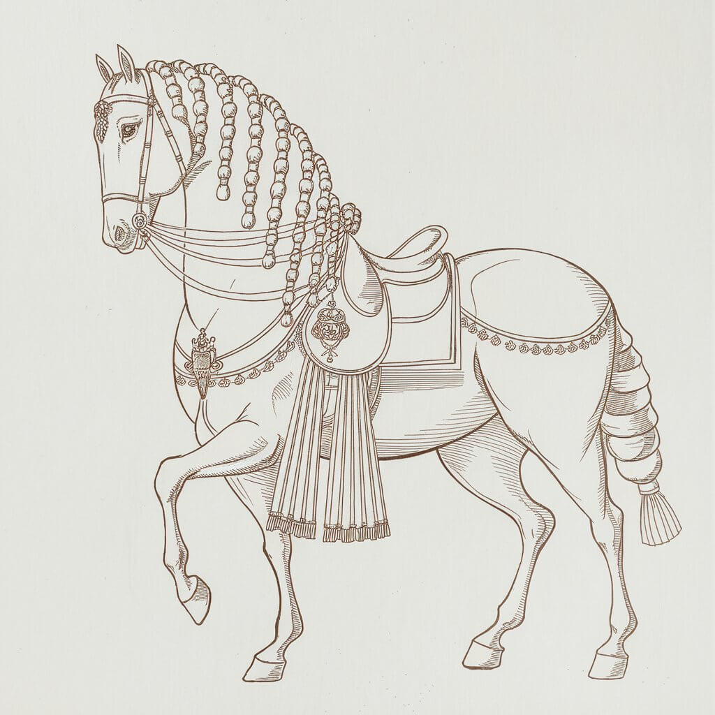 A minimalist, plain white background pencil drawing illustration of an elegant horse adorned for a ceremonial parade, drawn in a simplistic style. The horse's head is raised proudly, with a regal posture and a long, braided mane marked by evenly spaced loops. Decorative ribbons hang from the saddle, and a small ornate crest is visible on the horse's breastplate. Each detail is sketched with care yet remains uncluttered. The horse's tail is bound at the base and fans out smoothly. Subtle line weight variation adds visual hierarchy to the decor, all framed cleanly by the plain white background.