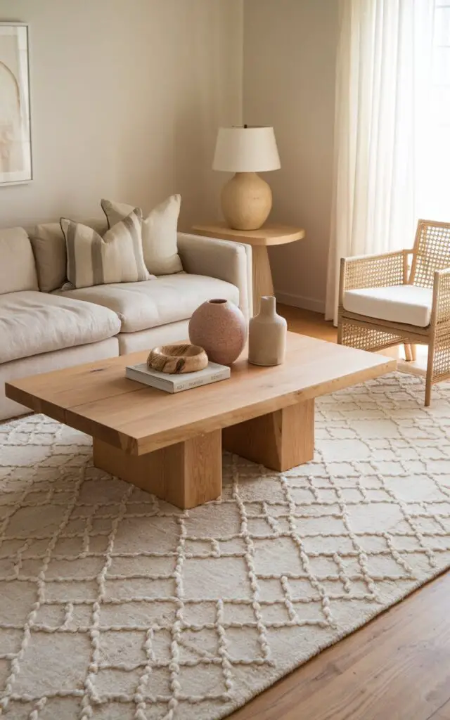 A beige living room with a soft mushroom-beige sofa, a natural oak coffee table, and a light rattan armchair. The room has a ceramic table lamp, a thick hand-tufted wool rug in a subtle geometric pattern of sand and ivory, and a cozy atmosphere. The room is designed around a stunning central area rug, and the overall vibe is relaxed and curated.