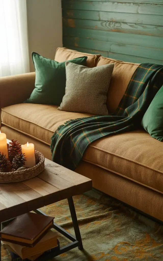 A photograph of a cozy living room centered around a tan tweed sofa piled with plush pillows. The sofa is layered with forest green and checkered pillows, and a casually draped green plaid throw, all against a backdrop of a distressed pine feature wall, enhancing the rustic charm. Resting on a reclaimed wood coffee table is a woven tray displaying pinecones, lit candles, and a stack of leather-bound books. Soft, warm light streams in from a nearby window, illuminating the vintage rug in faded olive and russet tones and creating a comforting, woodsy ambiance.