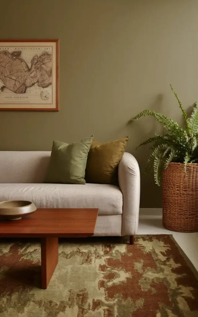A photo of a green and brown living room with a sage green accent wall. There is a cozy oatmeal linen sofa with olive and tan pillows against the wall. A low-profile teak coffee table holds a ceramic bowl. An abstract area rug in warm browns and soft greens ties the room together. A woven basket planter in the corner holds a large leafy fern, and a framed vintage map brings character to the space. The overall mood is calm, minimalist, and incredibly welcoming.