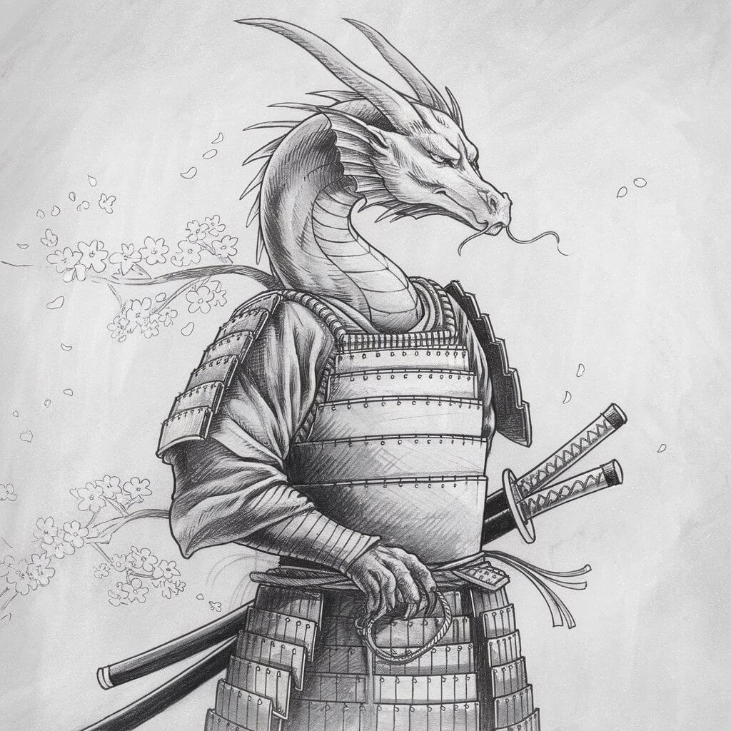 A pencil drawing of a dragon dressed in traditional samurai armor standing tall in a poised stance. The dragon is drawn in a simplistic style, with smooth lines defining the breastplate, shoulder guards, and helmet. Its katana rests sheathed by its side, and soft shadows give form to the armor’s plates. Horns curve backward elegantly, and a calm, focused expression marks the dragon’s face. Gentle detail hints at cherry blossoms drifting around its feet, tying serenity with strength.