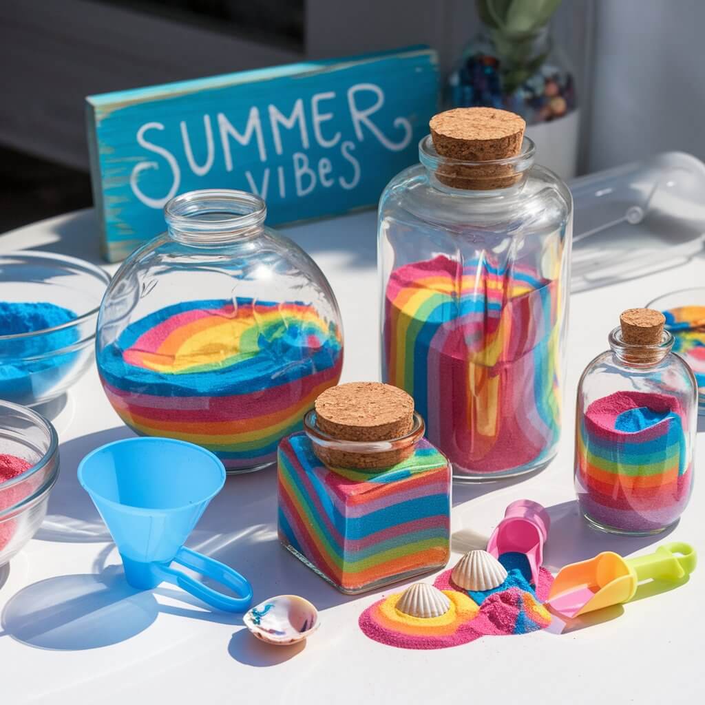 A photo of a sunlit crafting table. There are several clear glass jars filled with brightly colored layers of sand, creating mesmerizing swirls and stripes. The jars come in various shapes: round, square, and tiny vials with cork tops. Each jar is packed precisely, with no sand spilling over the edges. A plastic funnel, bowls of dyed sand, a spoon, and child-sized scoops are placed nearby. A few mini seashells are embedded within the layers. A painted wooden sign behind the table reads "Summer Vibes".