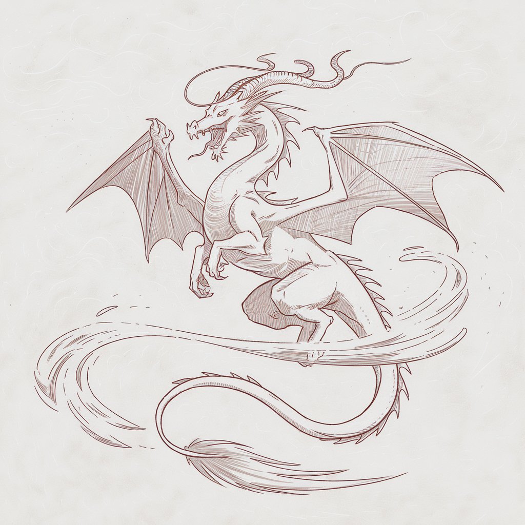 A pencil drawing of a desert-themed dragon mid-roar against a plain white background. The dragon has a simplistic style, with jagged, angular wings and a long, thin tail trailing like a whip. Swirls of wind and sand encircle its body. The sand is indicated by delicate, flowing lines that fade outwards. Horns curve like desert dunes, and subtle shading mimics the heat haze around its silhouette. Everything is windswept, loose, and dynamic within the crisp minimal outline.
