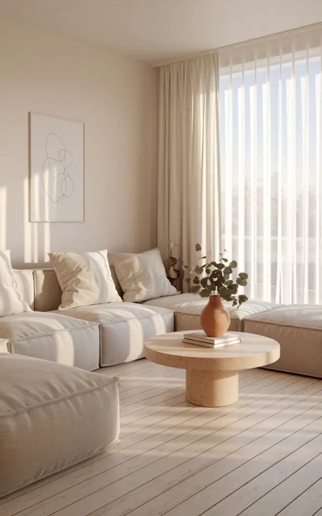 A serene Scandinavian-inspired living room with a beige color palette and soft textures. There is a cozy, low-to-the-ground modular sofa with oversized oatmeal-colored cushions. The floor has bleached wood planks. There's a round birch coffee table with a clay vase of eucalyptus and a stack of books. Sheer white curtains are drawn back, allowing sunlight to stream in. A minimalist line art piece hangs on the beige wall above the sofa.