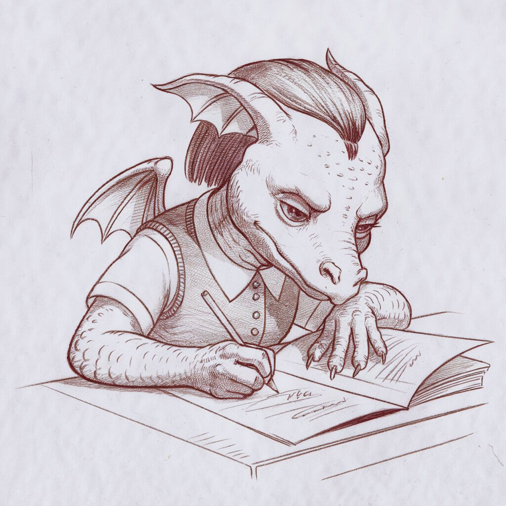 A pencil drawing illustration of a young schoolgirl dragon hunched at a school desk, writing on a book. The dragon wears a small school uniform vest with tiny buttons and a collar. The background is plain white. The dragon's wings are tucked neatly to its sides, and faint lines show the paper's scribbles. The expression is a mix of boredom and determination. The drawing is rendered in clear, minimal strokes.