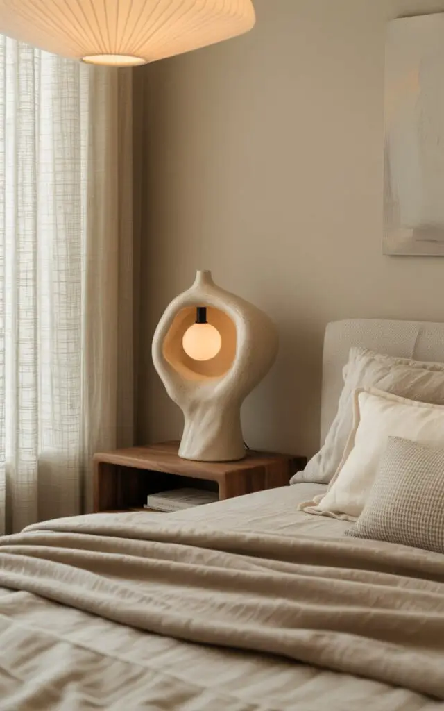 A photograph of a luxuriously styled beige bedroom centered around a sculptural ceramic table lamp. The lamp features an asymmetrical, hand-thrown form with a matte finish and a single warm-toned bulb, resting on a floating walnut nightstand beside a plush bed layered with linen and wool blankets in various shades of cream and grey. Softly textured throw pillows and a minimalist abstract painting hang on the wall, while a paper pendant light casts a gentle glow, highlighting the curves of a nearby vase and the subtle grain of the wood flooring. The overall scene exudes a quiet elegance with a gallery-like atmosphere, accentuated by the diffused natural light filtering through sheer linen curtains.