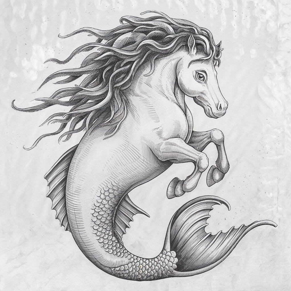 A pencil drawing of a mythical hippocampus with a plain white background. The creature is half horse, half sea creature. The upper body is a horse with a flowing mane that resembles seaweed. From the midsection down, the form transitions into a coiled fish tail with curved scales and a wide, frilled fin. Gills are subtly indicated near the neck, and the eye holds a calm, mysterious expression. Fine crosshatching enhances the aquatic texture.