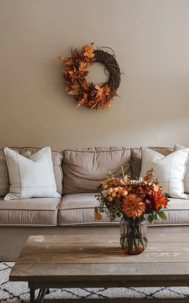 A photo of a beige living room with a cozy taupe-beige sofa. On the wall above the sofa, there's a fall wreath. On the wooden coffee table in front of the sofa, there's a vase with fall flowers. The beige walls and rug provide a consistent background. The room is flexible and timeless, evolving with every season.