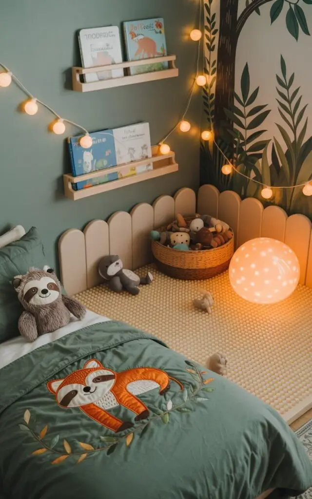A photograph of a cozy toddler bedroom, with a focus on a sensory play corner. A young boy's plush sloth and fox pillows rest on a forest green bed draped with an embroidered animal quilt, nestled beside a corner dedicated to sensory exploration. This area features a neutral-toned foam-tiled mat, a bin filled with textured toys, and a soft, glowing bubble lamp, all set against calming gray walls adorned with a jungle-themed mural and floating shelves displaying picture books. Warm fairy lights gently illuminate the room, creating a soft ambiance.