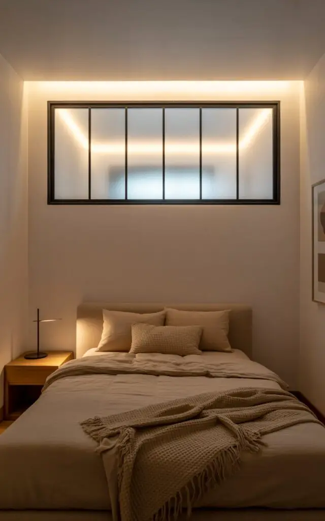 A photograph of a smartly designed bedroom featuring a rectangular interior window above a shared wall with a hallway. The window, framed in sleek matte black, has frosted glass diffusing soft, ambient light onto a low-profile bed below, dressed in beige linens, a waffle-textured throw, and cozy pillows. A minimalist wooden bedside table with a single "reading lamp" sits next to the bed, while the white walls are sparsely decorated with a single abstract print. The gentle glow from the window creates a serene and secluded atmosphere.