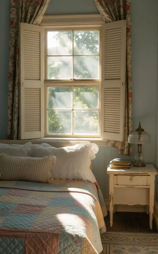 A photograph of a cozy bedroom bathed in soft morning light. A plush bed with a patchwork quilt, vintage eyelet pillowcases, and a chenille throw dominates the scene, positioned centrally beneath a small bedroom window. The window, framed by floral curtains, features cream-painted wooden shutters partially open, allowing filtered sunlight to illuminate the light blue walls and a distressed white nightstand with a glass lamp and a stack of books. Dust motes dance in the light, enhancing the lived-in and nostalgic charm of the space.