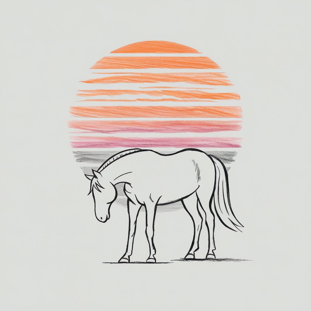A minimalist, plain white background pencil drawing illustration of a horse in silhouette. The horse stands still, head tilted slightly downward, with its tail curved gently behind. The mane is represented by a simple line along the neck's edge, and the legs are shown in a subtle stance, grounded but graceful. On the background there is a large sunset with pencil colored oranges, pinks, and purples. The sunset background is overlaid on the plain white background.