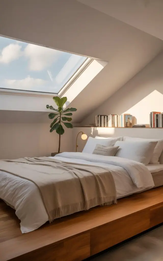 A photograph of a serene, minimalist loft-style bedroom bathed in the soft glow of a morning sky. A plush, king-sized bed with clean white linen and an oatmeal-toned wool blanket dominates the frame, positioned on a warm, natural wooden platform beneath a large rectangular skylight window showing "drifting clouds". A single potted fiddle-leaf fig reaches towards the skylight, while a simple wall-mounted brass reading lamp casts a warm light on a lone shelf displaying a curated selection of favorite books. The room feels airy, modern, and purposefully simple, with diffused natural light creating a peaceful and inviting atmosphere.