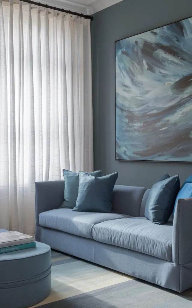 A photo of a layered blue and grey living room with a slate grey wall, a sky blue linen sofa, and throw pillows in various shades of blue. There is an oversized abstract painting with swirling blues and greys above the sofa. Gauzy white curtains let in light, highlighting the subtle shifts in shade throughout the room.