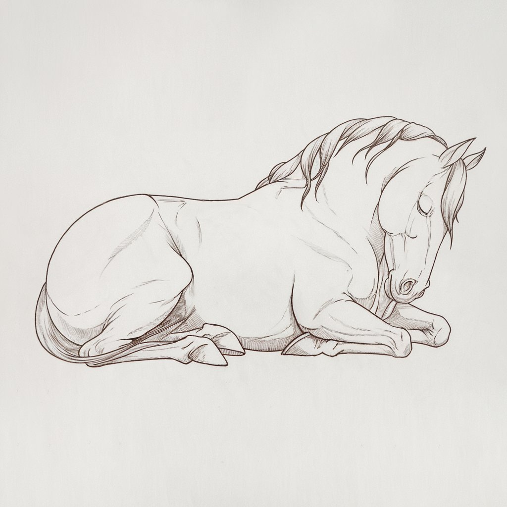 A minimalist, plain white background pencil drawing illustration of a horse lying down with its legs tucked beneath its body, eyes closed in rest. Drawn in a realistic creative style, the outline is rounded and smooth, with soft, arching lines used to depict the back and folded limbs. The mane drapes loosely over the neck, marked by gentle pencil flicks, while the ears lay slightly to the sides, relaxed. A slight curve at the mouth adds a sense of peace. Minimal shading defines contours subtly, enhancing the sense of quiet on the plain white background.