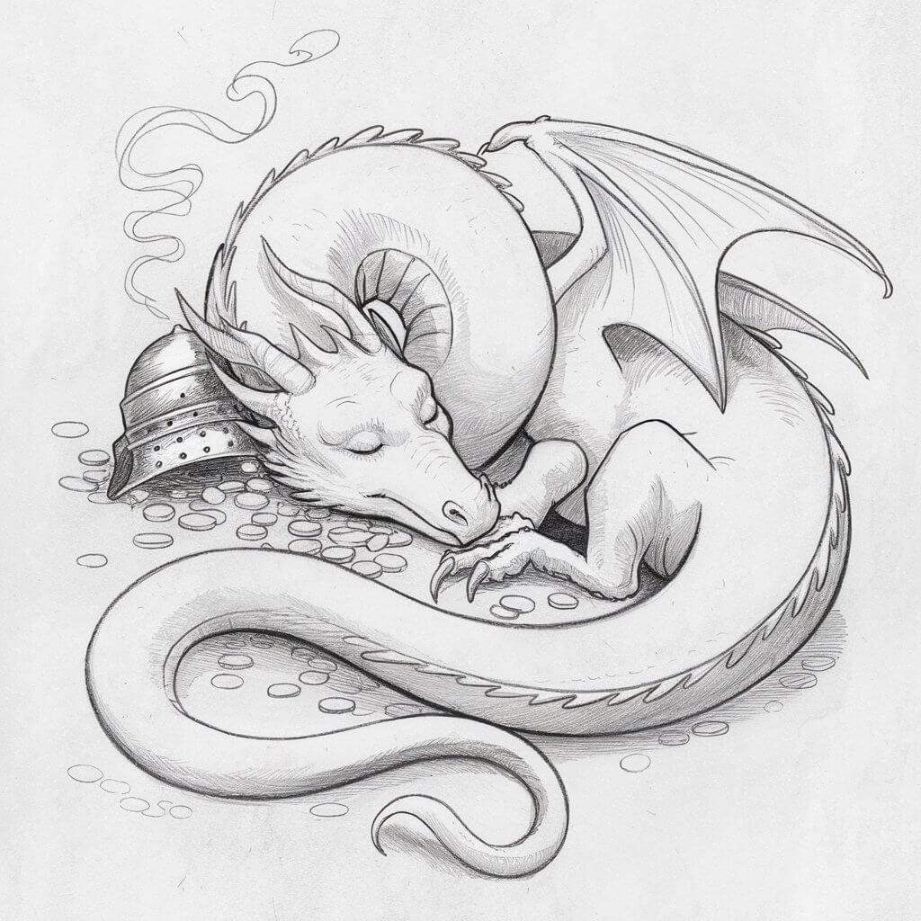 A realistic pencil drawing illustration of a dragon curled into a gentle coil, with its eyes closed in slumber. The dragon is drawn in a simplistic style, featuring smooth, rounded lines outlining the body with minimal detailing. Its head rests on a pile of softly sketched treasure, including coins and a loosely defined knight helmet. Delicate curves form the dragon's tail, tucked beside its body, with subtle shading to suggest volume. Light smoke tendrils rise from its nostrils, drawn in faint, winding lines. The wings are folded peacefully against its back, adding a quiet balance to the composition.