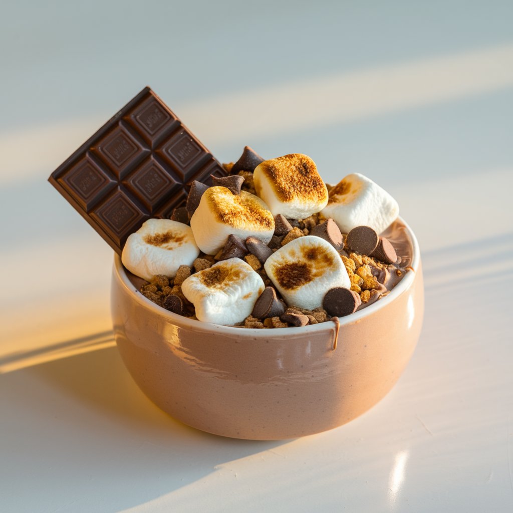 A yogurt bowl in a round, glossy white ceramic bowl. The base is chocolate yogurt. The bowl is topped with toasted mini marshmallows, crushed graham crackers, and semi-sweet chocolate chips. A single square of chocolate leans against the side, slightly melting. The marshmallows are golden brown with crisp edges. The yogurt bowl is placed on a bright plain white kitchen countertop, bathed in warm natural light that reflects off the melted chocolate and highlights the texture of the graham crumbs.
