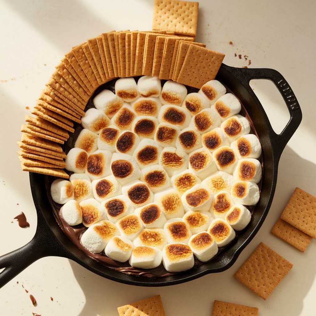 A photo of a round cast iron skillet filled with a bubbly s'mores dip. The dip consists of a melted layer of rich chocolate beneath a blanket of toasted, golden-brown mini marshmallows. The marshmallows have slightly charred tips, giving them a perfectly roasted appearance. Graham crackers are artfully arranged in a fan around the skillet. The skillet is placed on a bright plain white kitchen countertop under warm natural light that highlights the textures of the marshmallows and the sheen of melted chocolate peeking through. There are a few chocolate smudges and cracker crumbs around the skillet, adding a casual, just-served look.