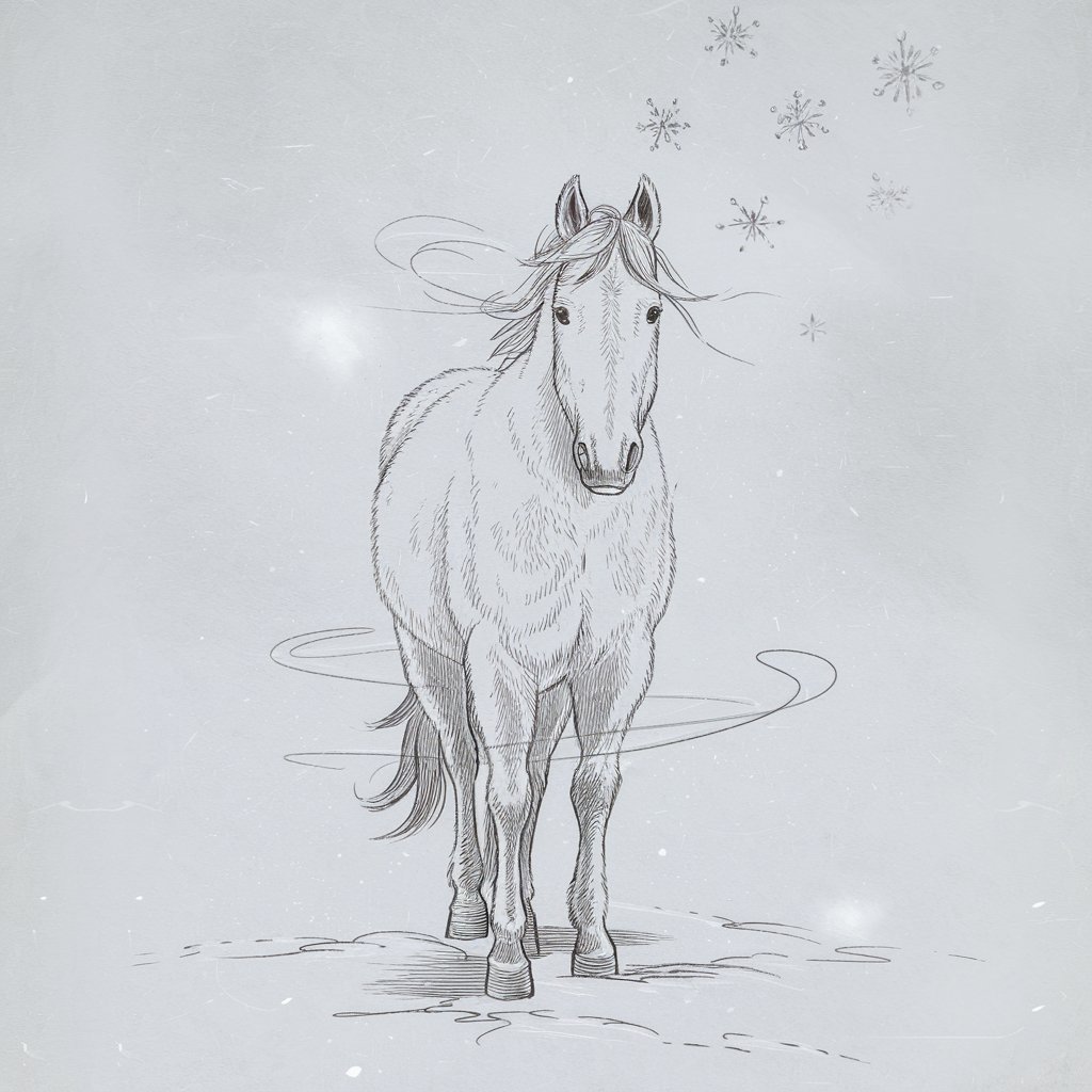A minimalist, plain white background pencil drawing illustration of a horse standing calmly in winter. The horse's fur is textured to suggest a thick, seasonal coat. The horse's legs are slightly covered by sketched impressions of snow, and its breath is softly visible as wispy lines. The horse's ears tilt forward, and the mane appears slightly ruffled, as though stirred by a cold breeze. A few faint snowflakes drift around the horse's head, lightly shaded to maintain the minimalist feel. The overall effect is one of quiet stillness.